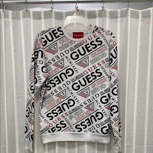 Guess White Crewneck Long Sleeve with All Over‎ GUESS Print Men’s Size S